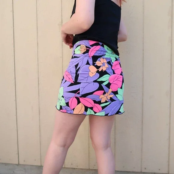 Vintage 90s bold neon floral sarong mini skirt M/L - Picture 2 of 4